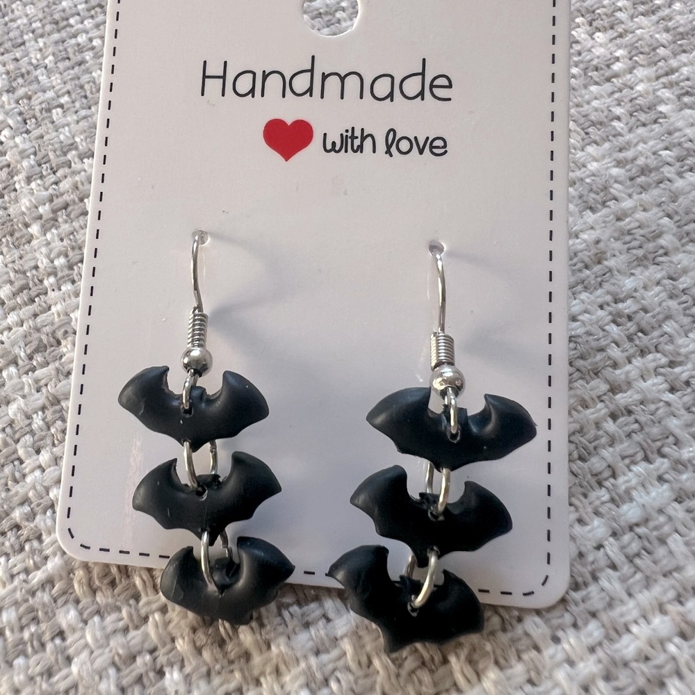 New Handmade Bat Earrings - Polymer Clay Halloween Goth Jewlery
